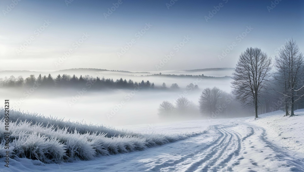 A wide winter foggy landscape covered with snow and representing a wallpaper or background A wide winter foggy landscape covered with snow and representing a wallpaper or background