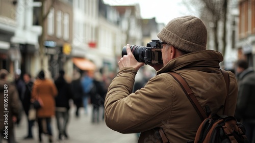 Man photographing street life in urban area, captured candidly. photo