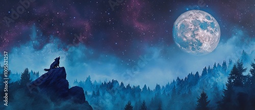 Wallpaper Mural "Depict a realistic image of a wolf howling at the moon, showcasing its majestic silhouette against a starry night sky, surrounded by a serene wilderness that enhances the wild spirit and haunting  Torontodigital.ca