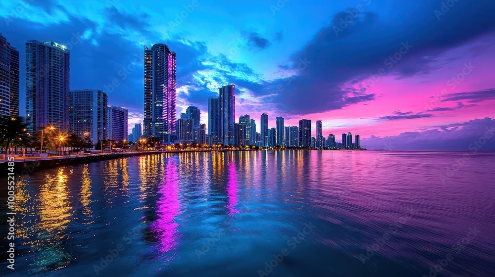 Obraz premium A vibrant cityscape reflected in calm waters at sunset, capturing the skyline with a soft glow