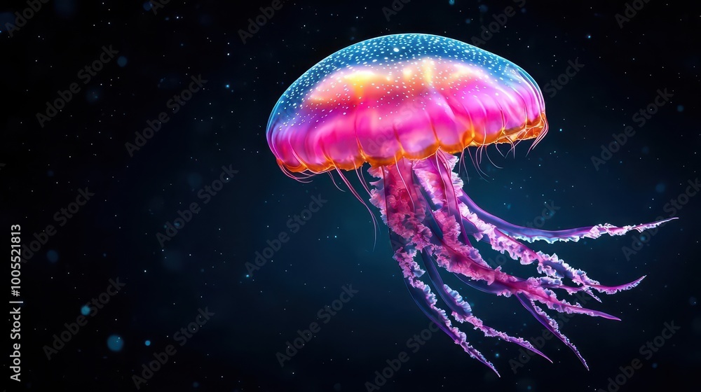 Fototapeta premium A vibrant jellyfish floating gracefully against a pitch-black background
