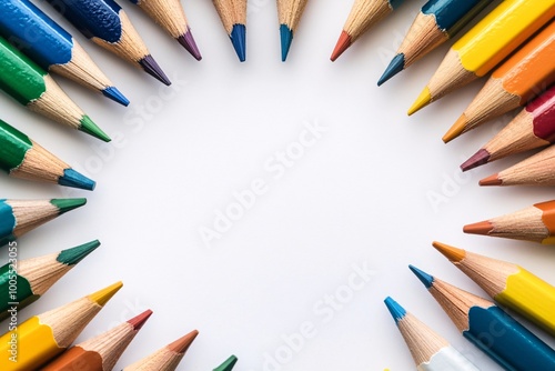 Minimalistic yet vibrant, a close-up captures colorful pencils in a flawless circular arrangement on a white background