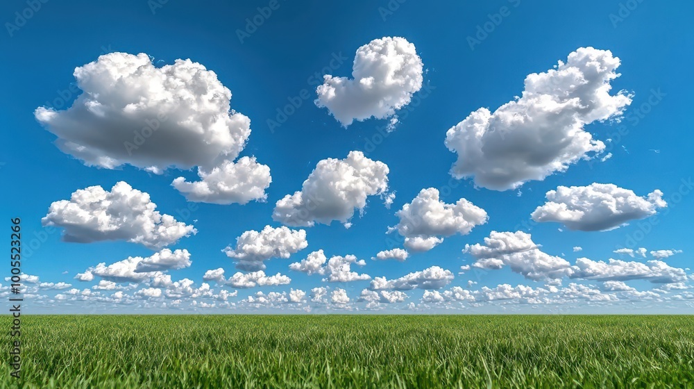 A wide open sky filled with fluffy white clouds stretching above a flat landscape under a clear blue sky A wide open sky filled with fluffy white clouds stretching above a flat landscape under a clear blue sky