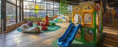 A sustainable childrena??s play center with equipment made from recycled plastics and organic snack bars photo