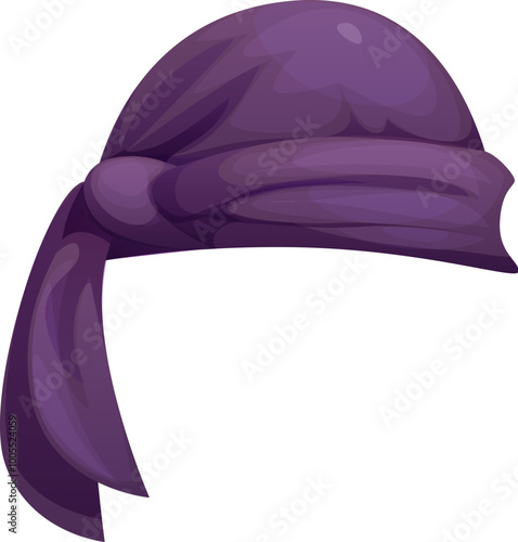 Cartoon pirate and corsair bandana hat, purple textile headwear with node. Isolated vector sea sailor head scarf, vintage rover handkerchief, filibuster, buccaneer swashbuckler party costume accessory