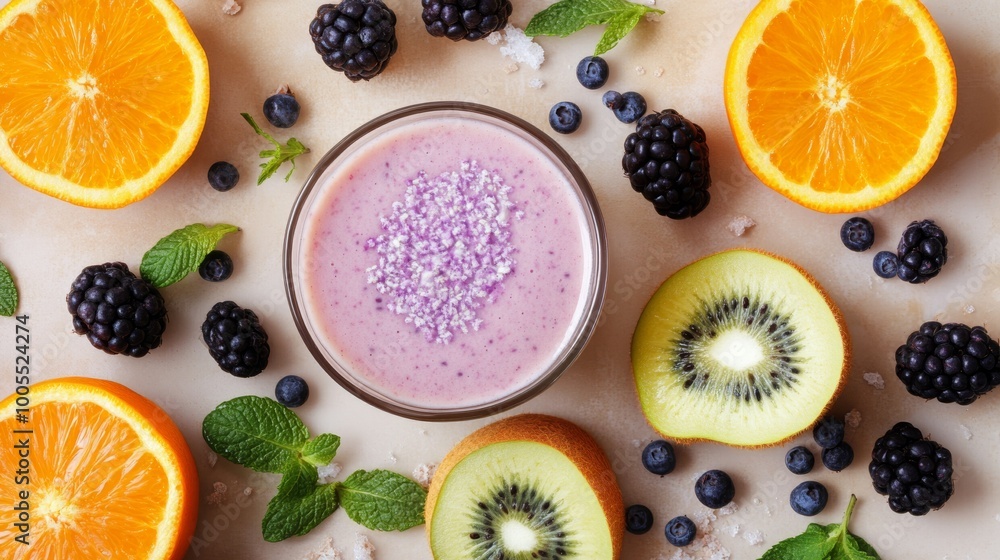A vibrant smoothie surrounded by fresh fruits like oranges, blackberries, and kiwi, garnished with mint leaves. A vibrant smoothie surrounded by fresh fruits like oranges, blackberries, and kiwi, garnished with mint leaves.