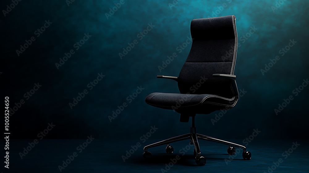 A black office chair on wheels sits in front of a teal wall.