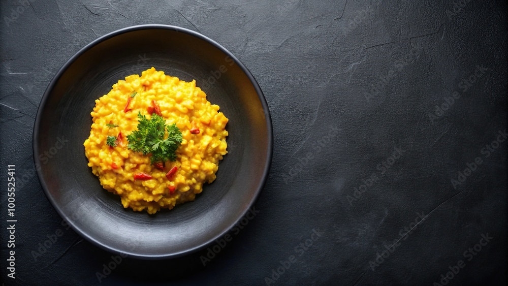 Photorealistic gourmet dish photo of saffron risotto in a dark plate top view perspective Photorealistic gourmet dish photo of saffron risotto in a dark plate top view perspective