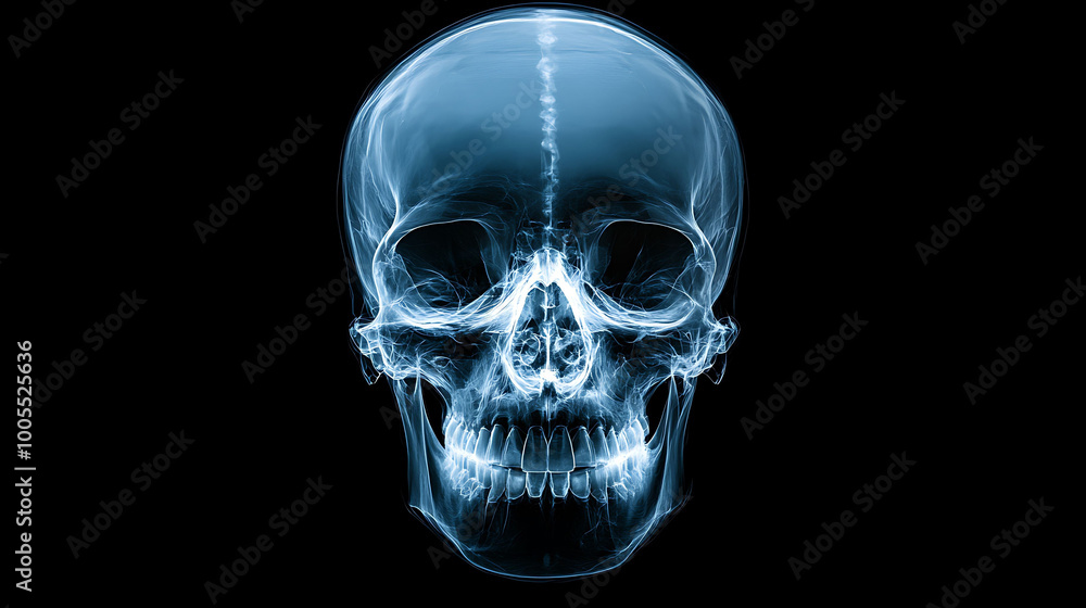 A blue, semi-transparent human skull with visible teeth and eye sockets against a black background. A blue, semi-transparent human skull with visible teeth and eye sockets against a black background.