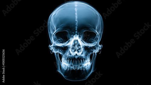 A blue, semi-transparent human skull with visible teeth and eye sockets against a black background.