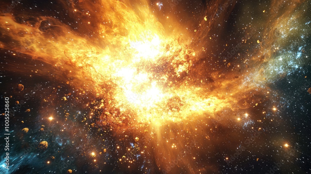 A breathtaking explosion of color and light in deep space, capturing the awe and mystery of the universe's cosmic phenomena. A breathtaking explosion of color and light in deep space, capturing the awe and mystery of the universe's cosmic phenomena.