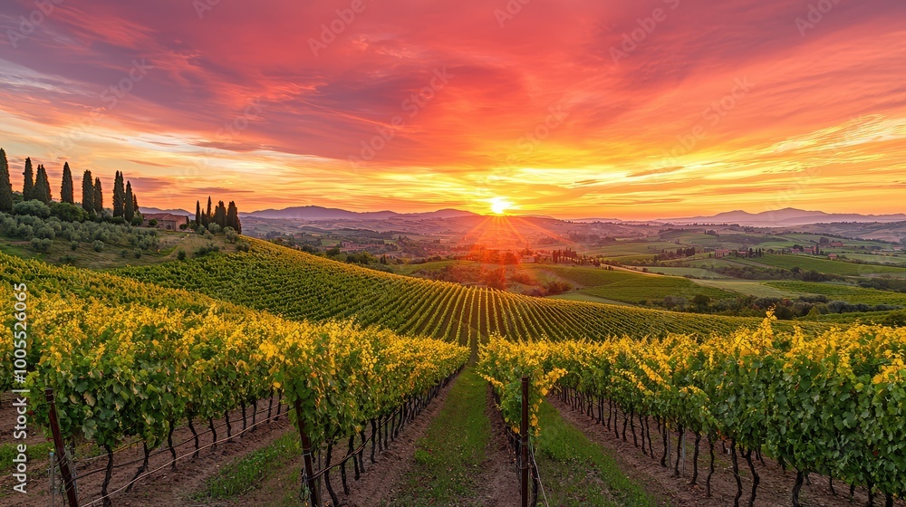 Fototapeta premium A breathtaking sunset over a picturesque vineyard, showcasing lush grapes and rolling hills under a vibrant sky.