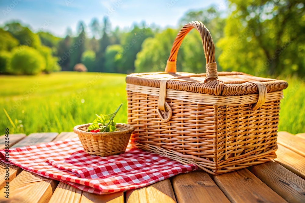 Picnic basket on grass with wooden table, prepared for sunny holiday picnic Picnic basket on grass with wooden table, prepared for sunny holiday picnic