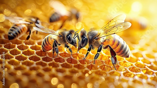 Busy bees buzzing around a honeycomb, collecting pollen under the warm golden light