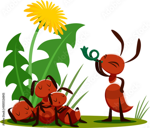 Cartoon ants sleeping on lawn, funny termite waking up for work, vector wild insects life. Ant worker wakes up lazy sleeping ants blowing in horn on meadow with flowers for kids story illustration