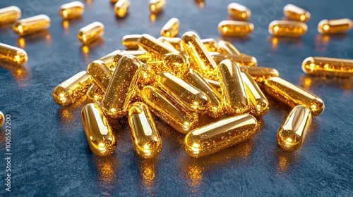 Golden capsules scattered across a smooth surface, reflecting light from various angles