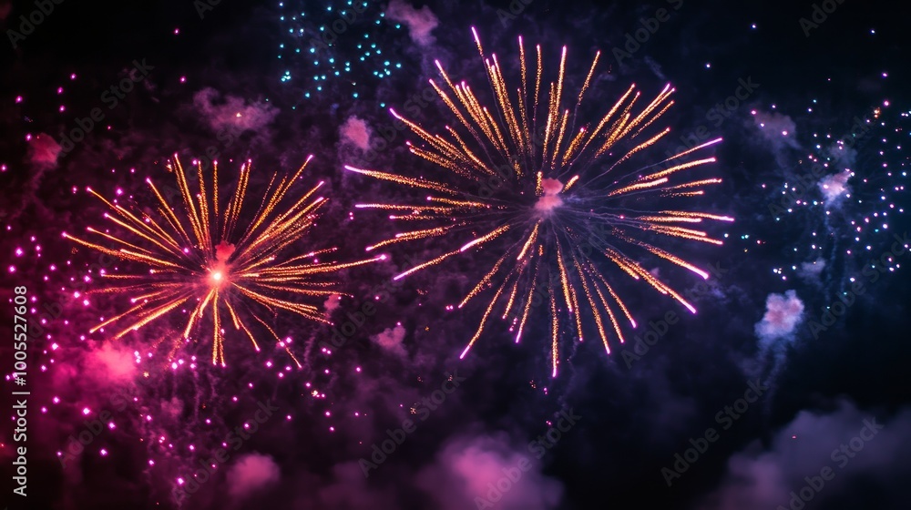 A set of realistic bright fireworks lighting up the night sky. Vector illustration A set of realistic bright fireworks lighting up the night sky. Vector illustration