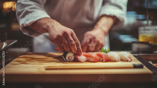 A chef skillfully prepares sushi on a wooden board, showcasing fresh ingredients and expert techniques in a vibrant kitchen setting.