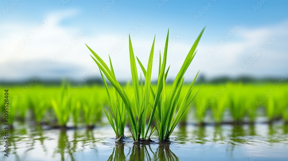 A close-up of bright green rice plants growing in neat rows in a flooded field, with water reflecting the sky and creating a peaceful atmosphere. A close-up of bright green rice plants growing in neat rows in a flooded field, with water reflecting the sky and creating a peaceful atmosphere.