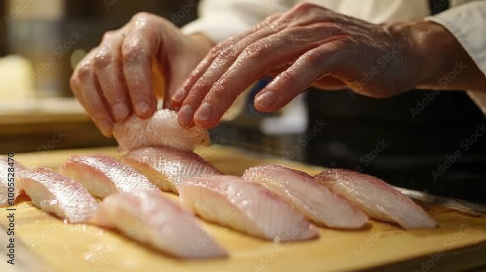 A chef skillfully preparing fresh sushi on a wooden cutting board, showcasing meticulous attention to detail in every slice. A chef skillfully preparing fresh sushi on a wooden cutting board, showcasing meticulous attention to detail in every slice.