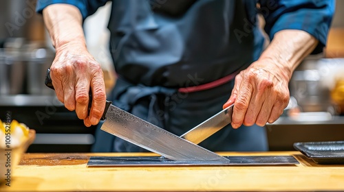 A chef skillfully sharpens a knife in a kitchen, showcasing precision and the art of culinary craftsmanship in food preparation. photo