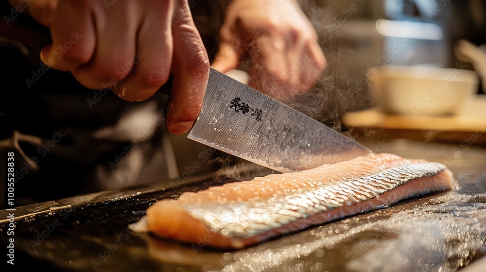 A chef skillfully slices fresh salmon with a sharp knife, showcasing culinary expertise in a professional kitchen setting. A chef skillfully slices fresh salmon with a sharp knife, showcasing culinary expertise in a professional kitchen setting.