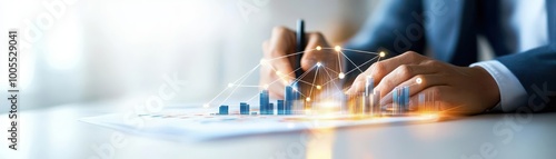 Business executives analyzing financial growth charts with light trails connecting data points, financial synergy, strategic planning