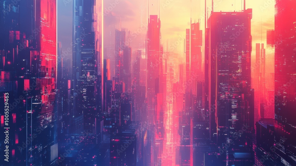 Fototapeta premium Futuristic Cityscape with Red and Purple Hues at Sunset