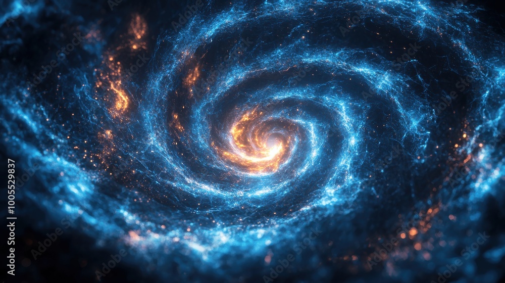 A vibrant spiral galaxy showcasing swirling blue and orange light in the depths of space, highlighting cosmic beauty and complexity A vibrant spiral galaxy showcasing swirling blue and orange light in the depths of space, highlighting cosmic beauty and complexity