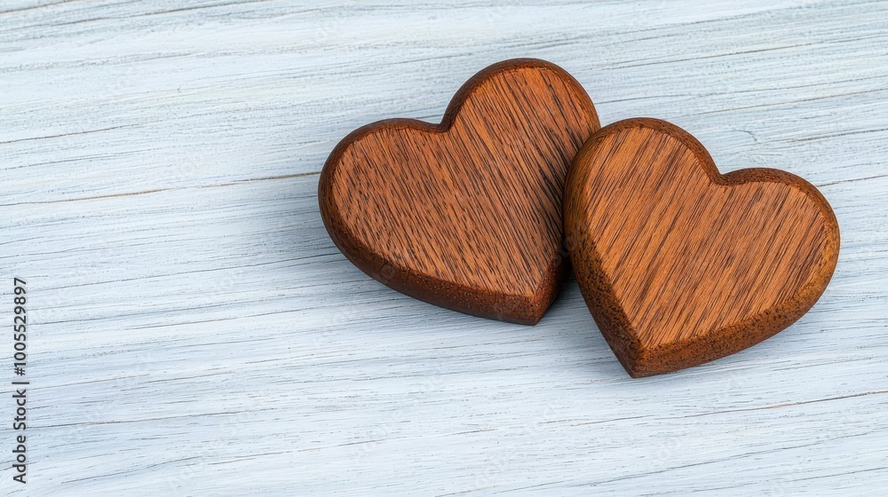 Two rustic wooden hearts placed together on a weathered wooden surface Two rustic wooden hearts placed together on a weathered wooden surface
