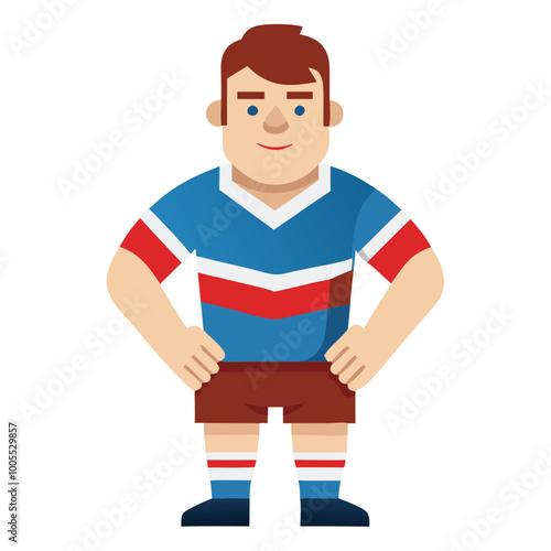 Smiling Rugby Player: A friendly and approachable rugby player in a blue and red jersey, ready for action. This illustration is perfect for sports-themed designs, websites, and social media. 