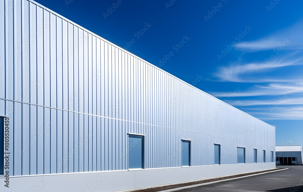 Obraz premium Blue sky over old industrial buildings, metal walls
