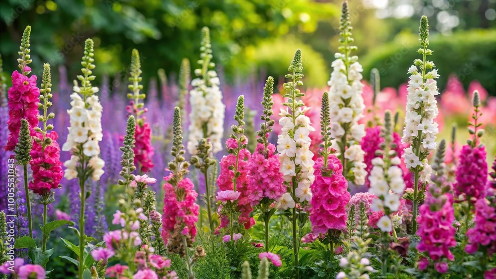 Fototapeta premium Pink and white verbascum flowers blooming in summer garden with roses and salvia