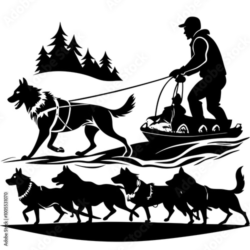 Winter Adventure: Dog Sledding Silhouette 