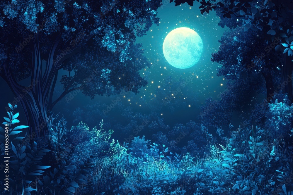 Moonlight Illuminates a Mystical Forest with Glowing Fireflies Moonlight Illuminates a Mystical Forest with Glowing Fireflies
