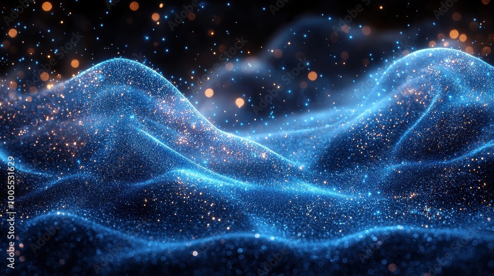 Shimmering blue waves of particles create a mesmerizing visual effect in a dark background during nighttime in an abstract setting Shimmering blue waves of particles create a mesmerizing visual effect in a dark background during nighttime in an abstract setting