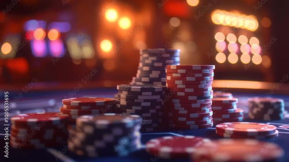 A vibrant scene showcasing stacks of colorful poker chips on a casino table, with soft, glowing lights in the background, evoking a lively gambling atmosphere. A vibrant scene showcasing stacks of colorful poker chips on a casino table, with soft, glowing lights in the background, evoking a lively gambling atmosphere.