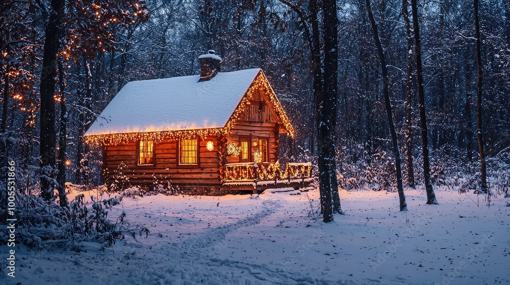A cozy cabin adorned with winter lights, nestled in a serene snowy forest, creating a warm and inviting holiday atmosphere. A cozy cabin adorned with winter lights, nestled in a serene snowy forest, creating a warm and inviting holiday atmosphere.