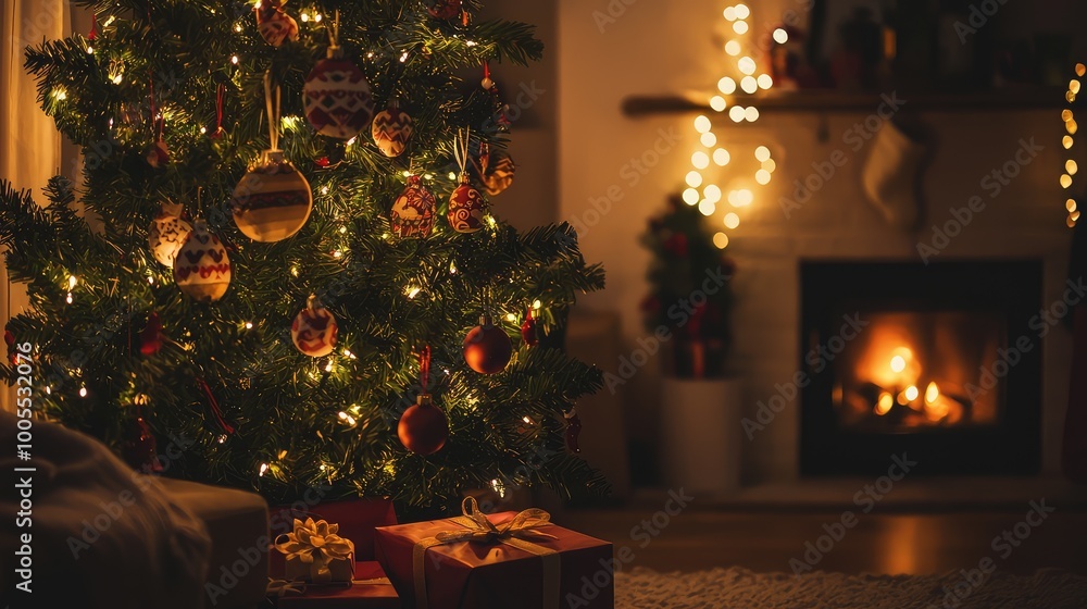 A cozy Christmas scene featuring a beautifully decorated tree and a warm fireplace, perfect for holiday ambiance. A cozy Christmas scene featuring a beautifully decorated tree and a warm fireplace, perfect for holiday ambiance.