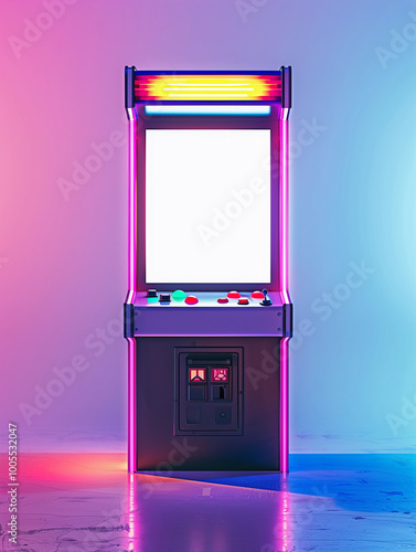 Glowing retro arcade gaming machine neon cyberpunk blank white empty screen mockup template 80s 90s vintage video game futuristic glow isolated ombre background