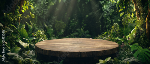 Rustic Wooden Platform in Lush Green Jungle Environment with Sunlight Filtering Through Foliage