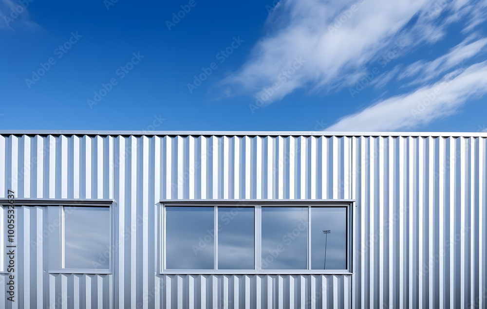 Blue sky over old industrial buildings, metal walls Blue sky over old industrial buildings, metal walls