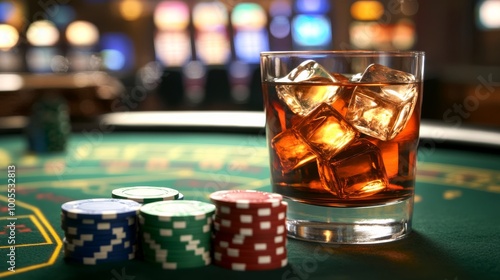 A glass of whiskey on the rocks beside colorful poker chips, set against a blurred backdrop of casino slot machines.