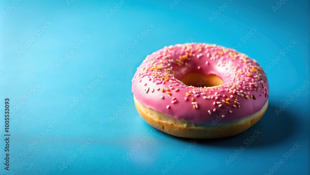 Pink donut with glaze on blue background Macro Pink donut with glaze on blue background Macro