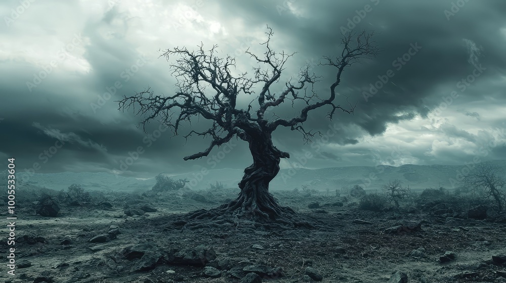 A desolate landscape featuring a twisted tree under ominous clouds, evoking a sense of mystery and solitude. A desolate landscape featuring a twisted tree under ominous clouds, evoking a sense of mystery and solitude.