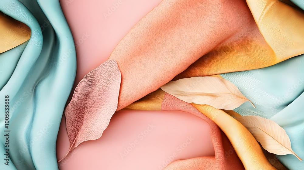 Abstract drapery with pastel fabrics and delicate leaves in soft color palette Abstract drapery with pastel fabrics and delicate leaves in soft color palette
