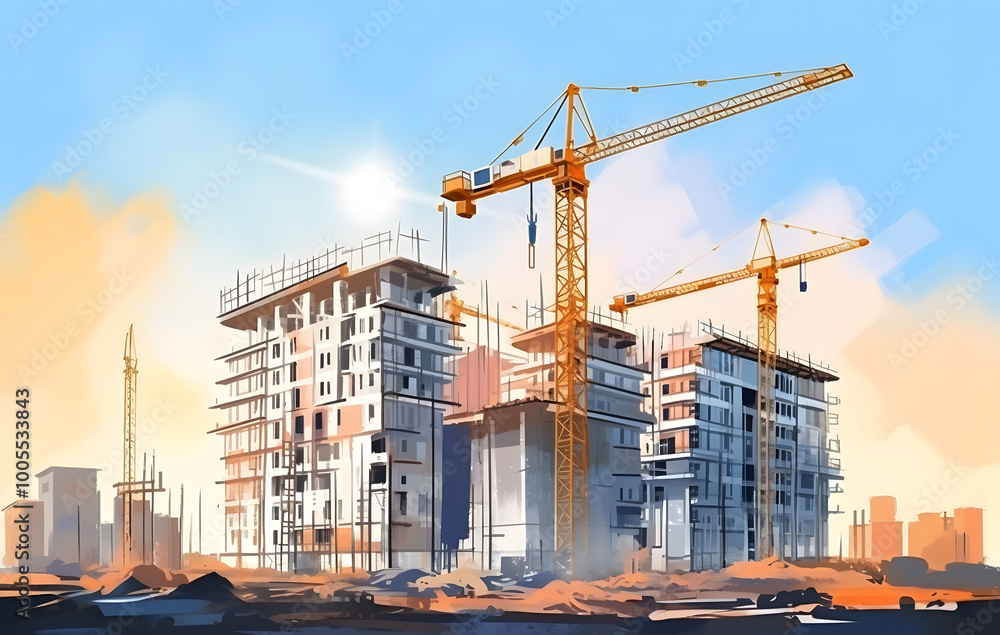A construction site with cranes and a building under construction against a city skyline A construction site with cranes and a building under construction against a city skyline