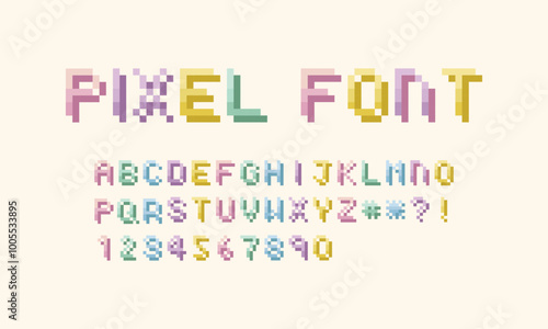Pastel pixel thin video game vector letter and number font set. Oldschool retro 8 bit typeface.