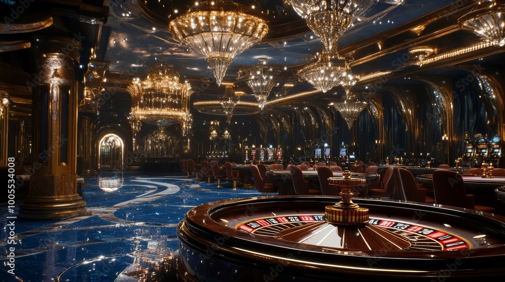 Obraz premium A lavish casino interior featuring ornate chandeliers, elegant furnishings, and a luxurious atmosphere centered around a roulette table.