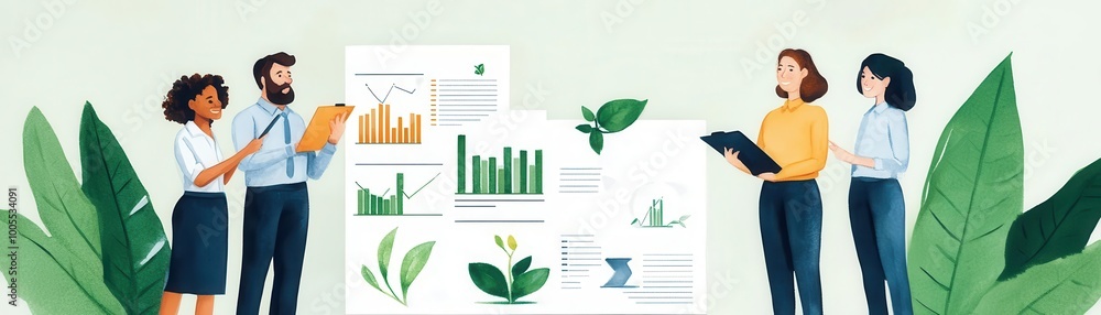 Team of professionals reviewing financial growth charts that merge with environmental sustainability data, synergy of profit and responsibility Team of professionals reviewing financial growth charts that merge with environmental sustainability data, synergy of profit and responsibility